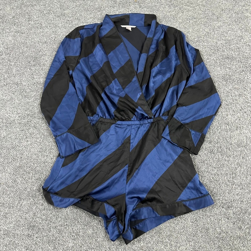 Victoria's Secret Romper Womens Size S Blue Black Striped Satin Long Sleeve Wrap